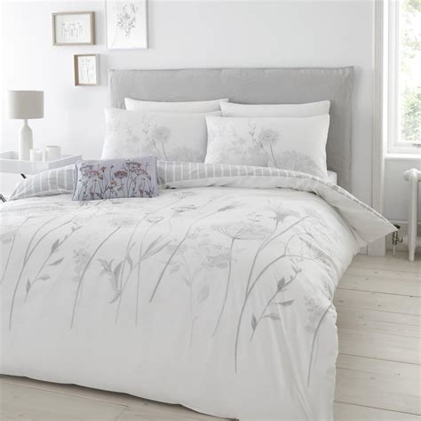 meadowsweet floral silhouette reversible white grey duvet cover set