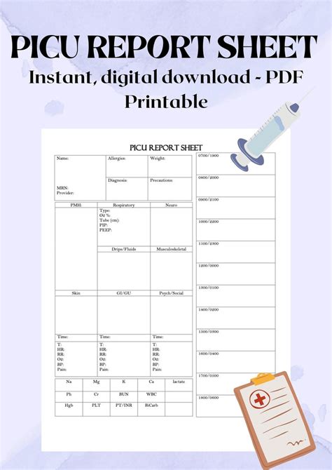 picu report sheet instant   printable etsy