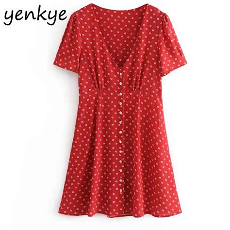 Women Front Button Floral Printed Red Chiffon Dress Lady V Neck Short