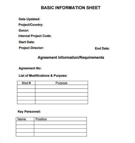 information sheet template    documents   premium templates