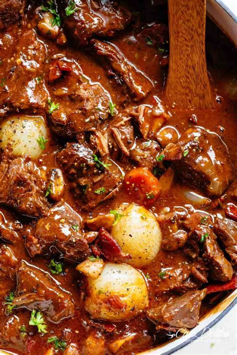 tender fall  chunks  beef simmered   rich red wine gravy