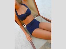 navy high waisted retro bikini bathing suit with metal star buttons