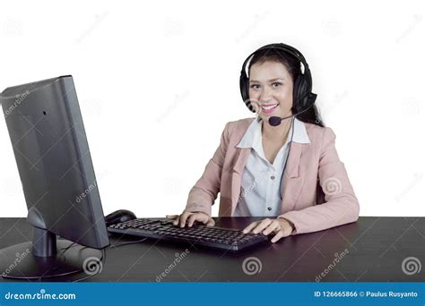 friendly call center operator working  studio stock photo image