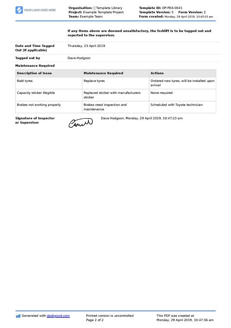 forklift inspection checklist form