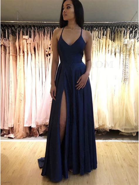 Buy Simple Long Spaghetti Straps Sleeveless Navy Blue Prom Dress With