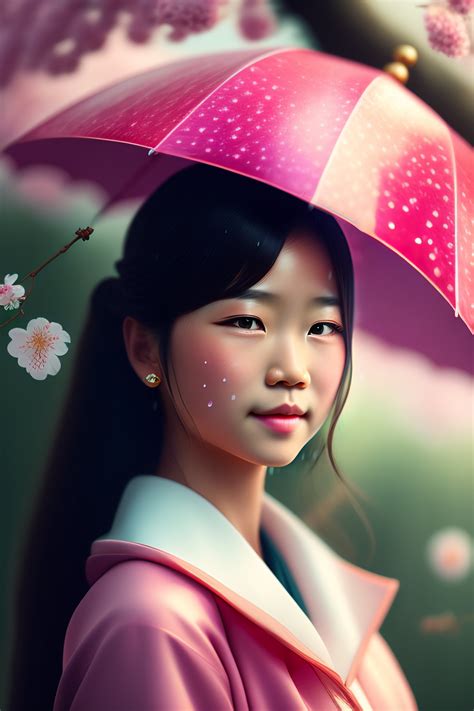 Lexica Girl Japanese Sakura Blossom In The Background Its Raining