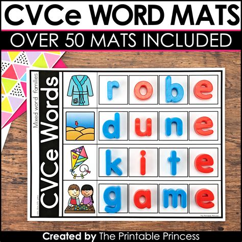 cvce word mats magnetic letters kindergarten literacy cvce words  printable princess