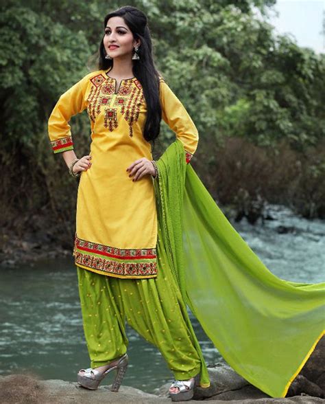 1 Yellow Embroidered Cotton Patiala Salwar Suit 2 Comes With A
