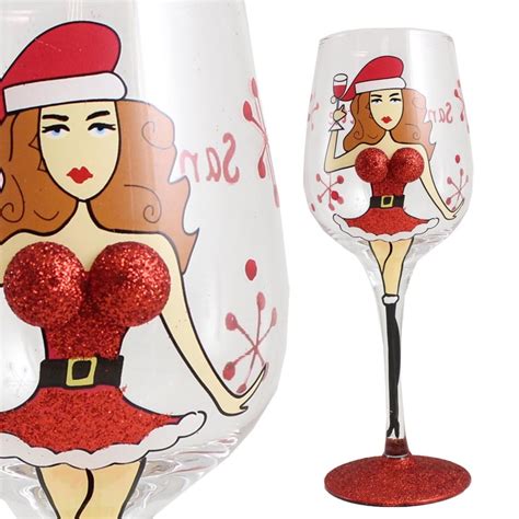 Christmas Booby Wine Glass With Red Glitter Brunette Girl On Onbuy