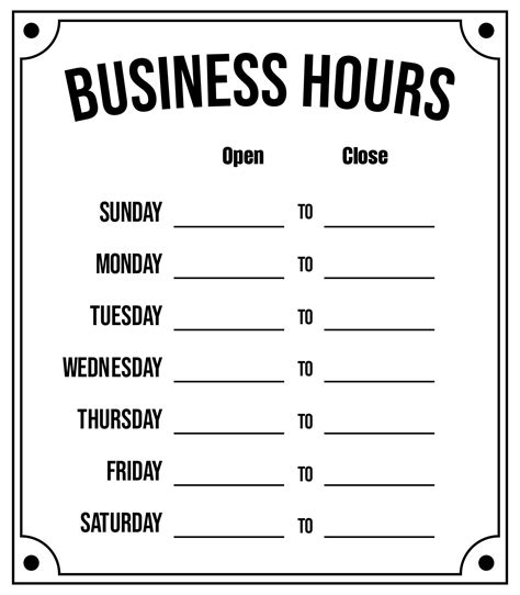 printable business hours sign template  business hours sign sign