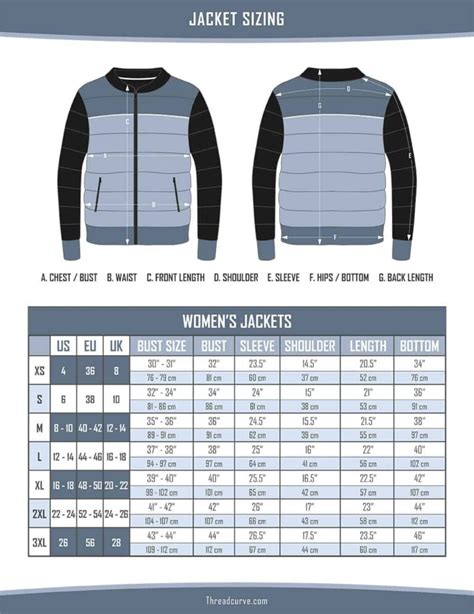 detailed coat jacket size chart table diagram