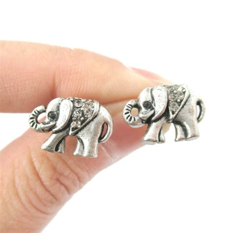 small elephant shaped animal stud earrings  silver  rhinestones