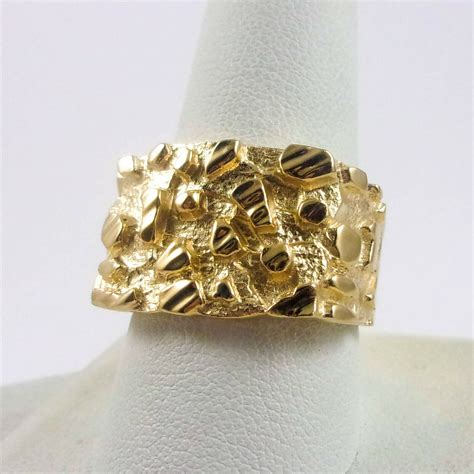 solid  yellow gold mens nugget ring diamond cut heavy wide face