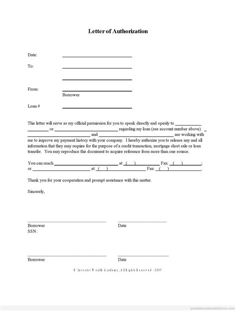 printable letter  authorization form short sale
