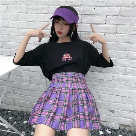 Cute Women Purple Plaid High Waisted Pleated Mini Skirt
