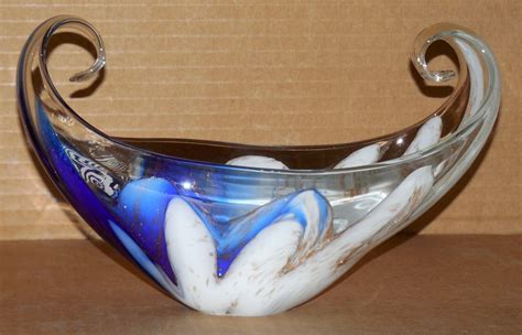 Vintage Murano Art Glass Bowl Compote Dish Vase White Blue W Etsy