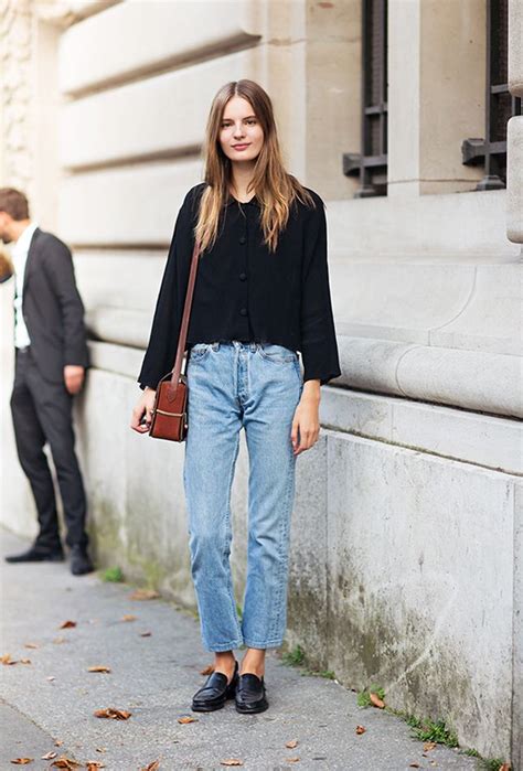 pull off a french girl chic look with mom jeans a classic silky blouse functional flats