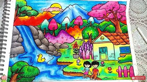 cara menggambar dan mewarnai pemandangan air terjun dan rumah dengan gradasi warna oil pastel