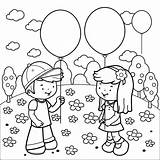 Children Park Playing Coloring Book Balloons Girl Illustration Boy Garden Flying Line sketch template