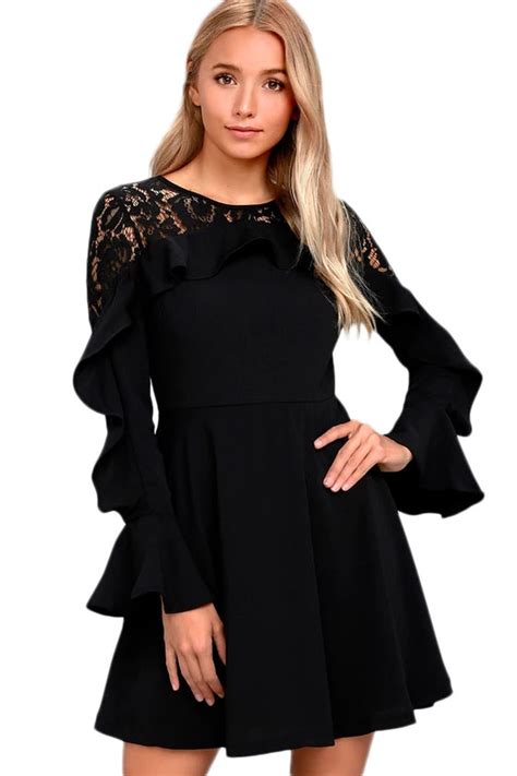 fashion solid patchwork ruffle long sleeve skater dress