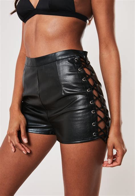 black faux leather lace up side shorts missguided