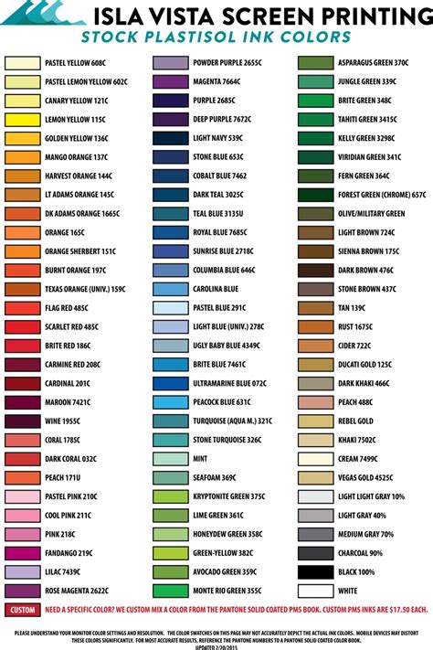 ink color chart isla vista screen printing embroidery