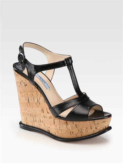 prada saffiano patent leather platform cork wedge sandals  black nero black lyst