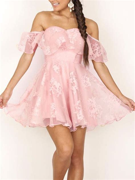 Pink Sweetheart Off Shoulder Ruffle Lace Mesh Skater Dress A Line