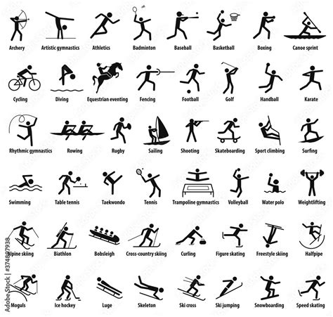 sports icons vector isolated black pictograms   names  sports disciplines stock vector