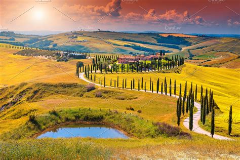 autumn tuscany landscape  sunset high quality nature stock