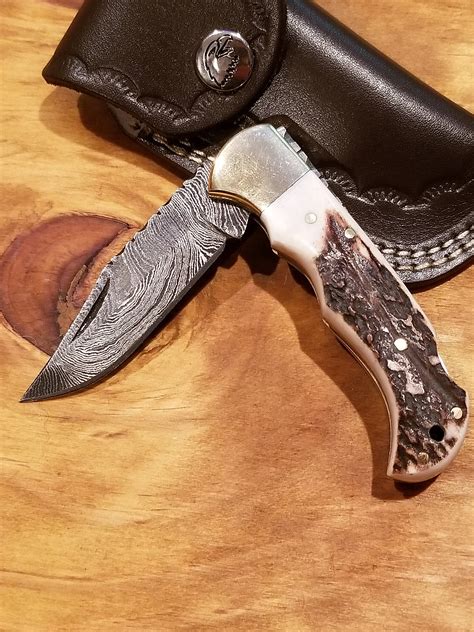 Handmade Deer Antler Folding Pocket Knife Damascus Blade Stag