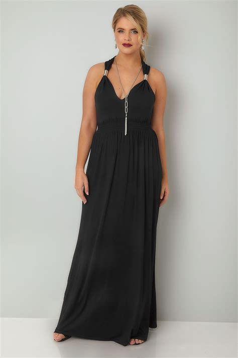 black sleeveless maxi dress with spring details and free necklace plus size 16 to 36