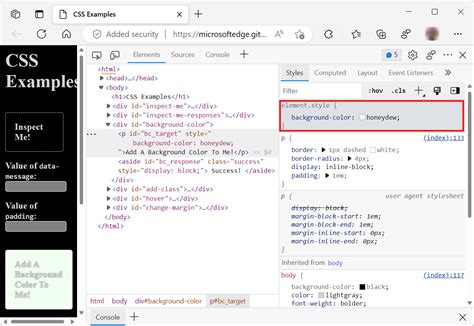 started viewing  changing css microsoft edge development