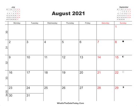 printable calendar august  whatisthedatetodaycom