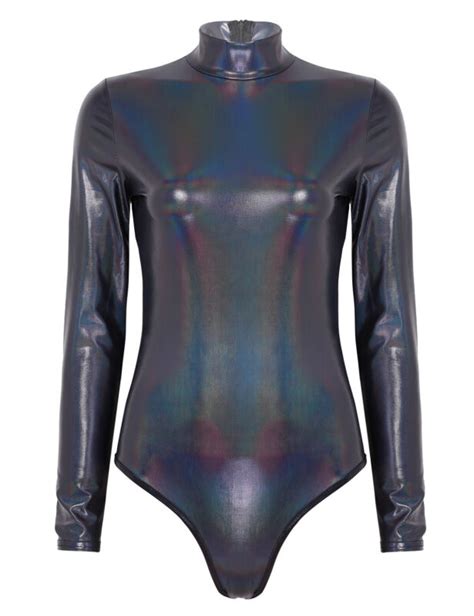 womens shiny metallic turtleneck long sleeves catsuit bodysuit jumpsuit