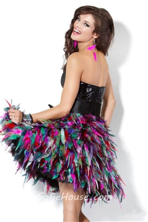 sexy strapless short mini black sequin feather sweet sixteen cocktail party dress