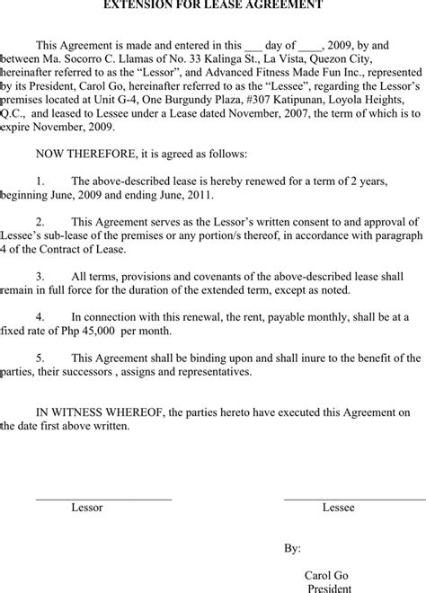 lease extension agreement   printable rental legal form