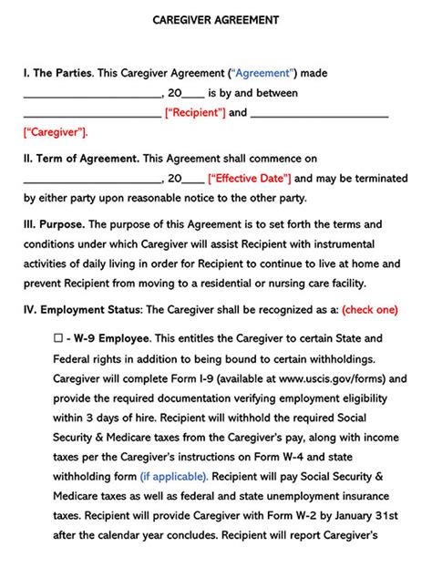 caregiver contract template examples word