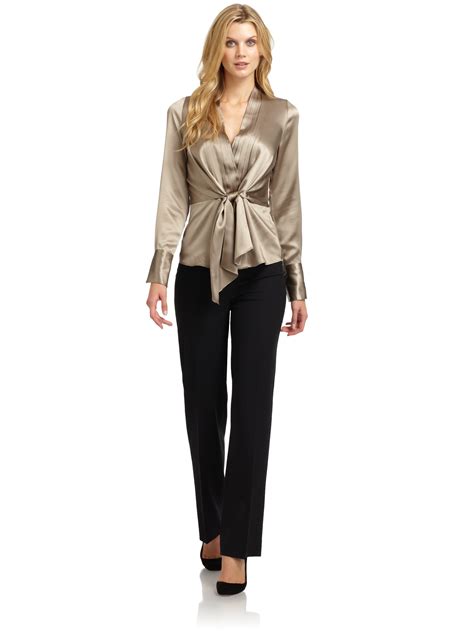 Lafayette 148 New York Camilla Silk Satin Pleated Blouse In Natural Lyst