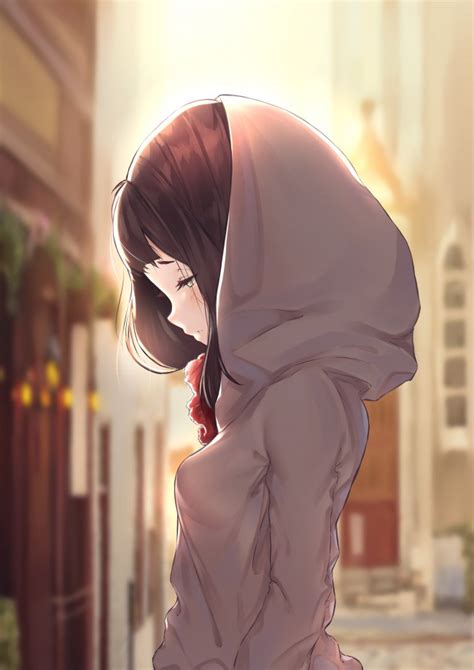 wallpaper anime girl hoodie closed eyes brown hair wallpapermaiden