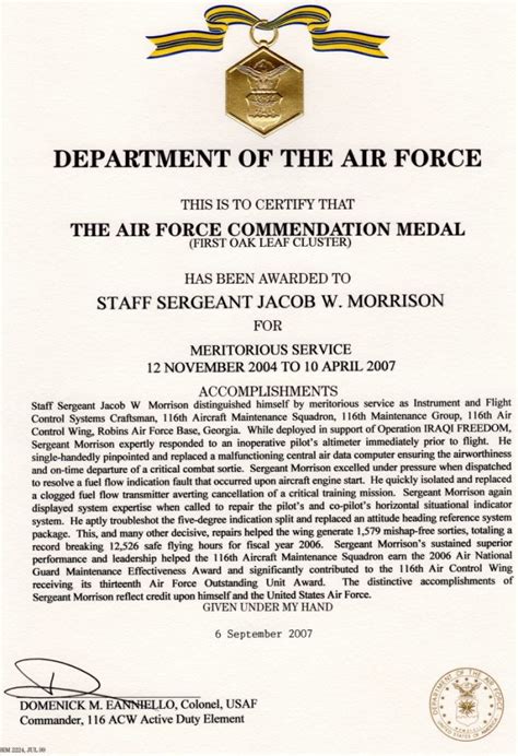awarded  air force commendation medal  oak leaf cluster
