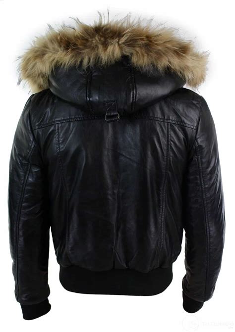 mens real fur hood bomber leather jacket black puffer padded black buy  happy gentleman