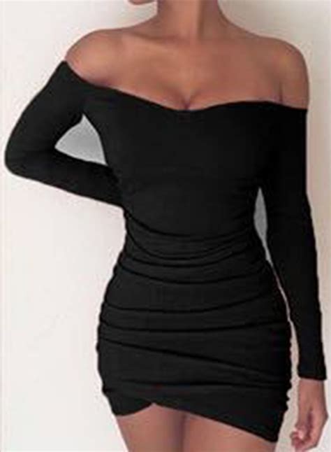 Women S Solid Off Shoulder Long Sleeve Ruched Bodycon Mini Dress