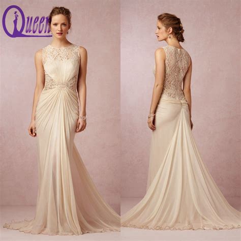 elegant cap sleeve champagne colored vintage lace pleats chiffon wedding dresses