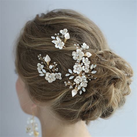 Porcelain Flower Wedding Headpiece Freshwater Pearls Bridal Hair Bobby