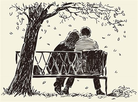 drawing of two people sitting on a bench illustrations royalty free