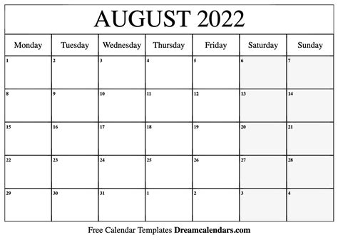 printable monthly calendar template august   calendar