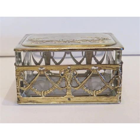 Antique Crystal Glass Jewelry Box Gilt Metal 19th Century Chateau