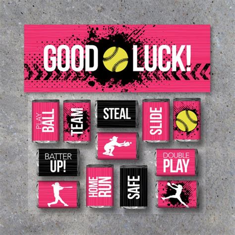 softball mini candy bar wrappers  matching treat toppers featuring good luck  great job