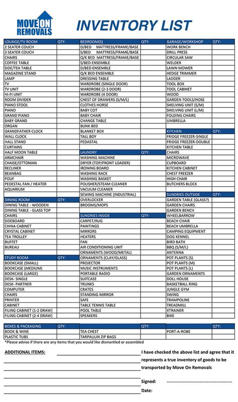 house moving inventory checklist